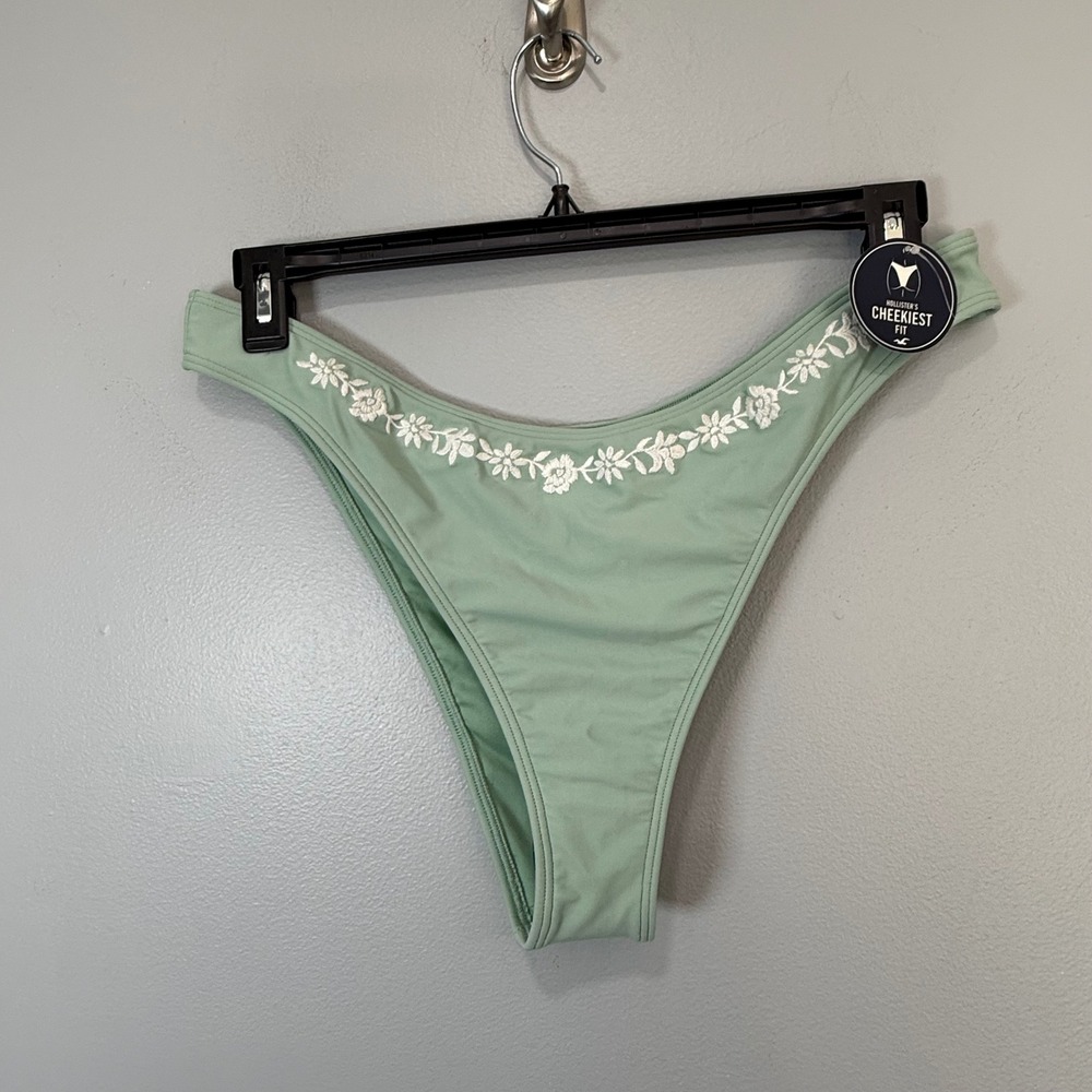 Hollister Sage Green Floral Embroidered High Leg Cheeky Bikini Bottom XL NWT